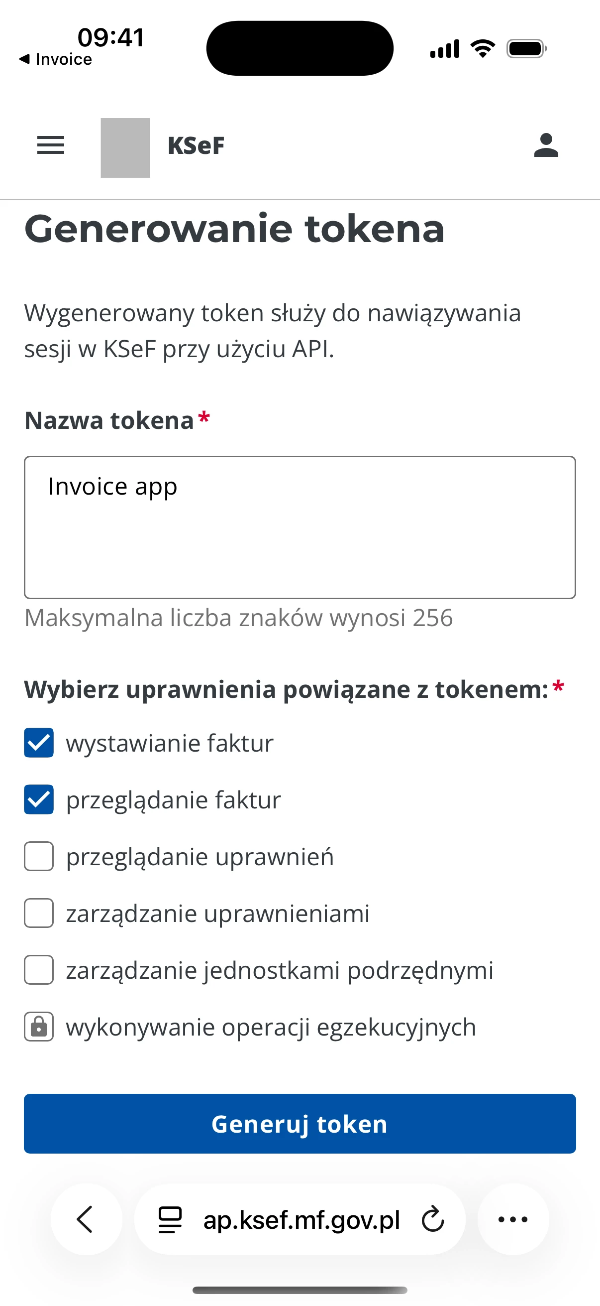 Wybór uprawnień tokenu