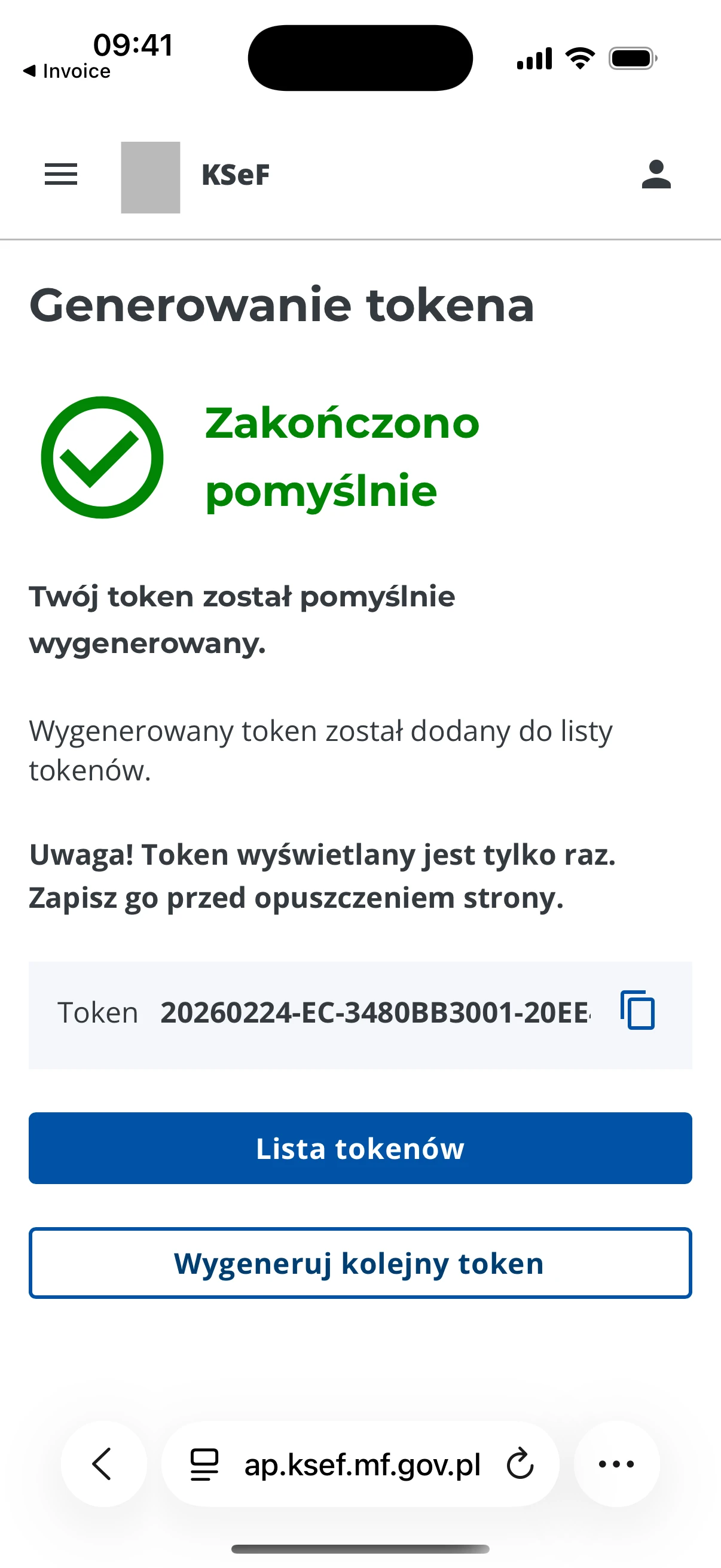 Wygenerowany token