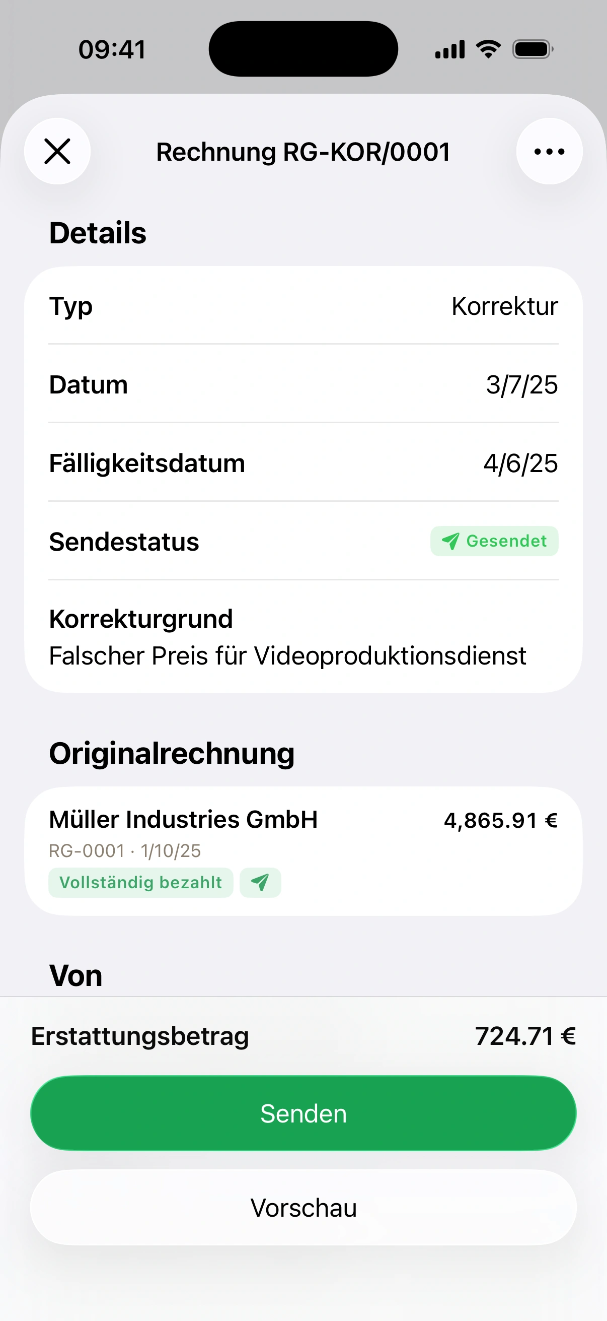 Korrekturrechnung in Invoice.app mit Verweis auf die Originalrechnung