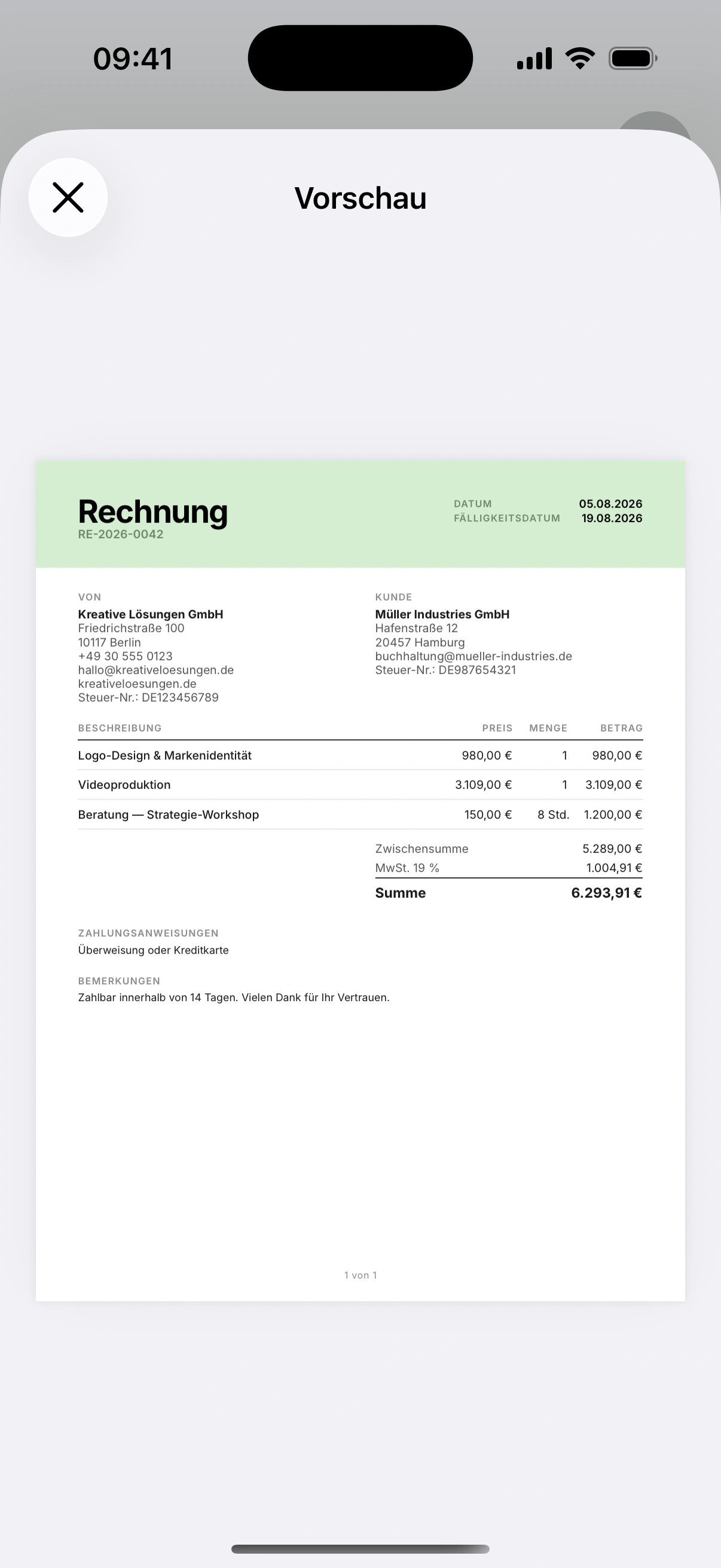 Vorschau einer mit Invoice.app erstellten deutschen Rechnung