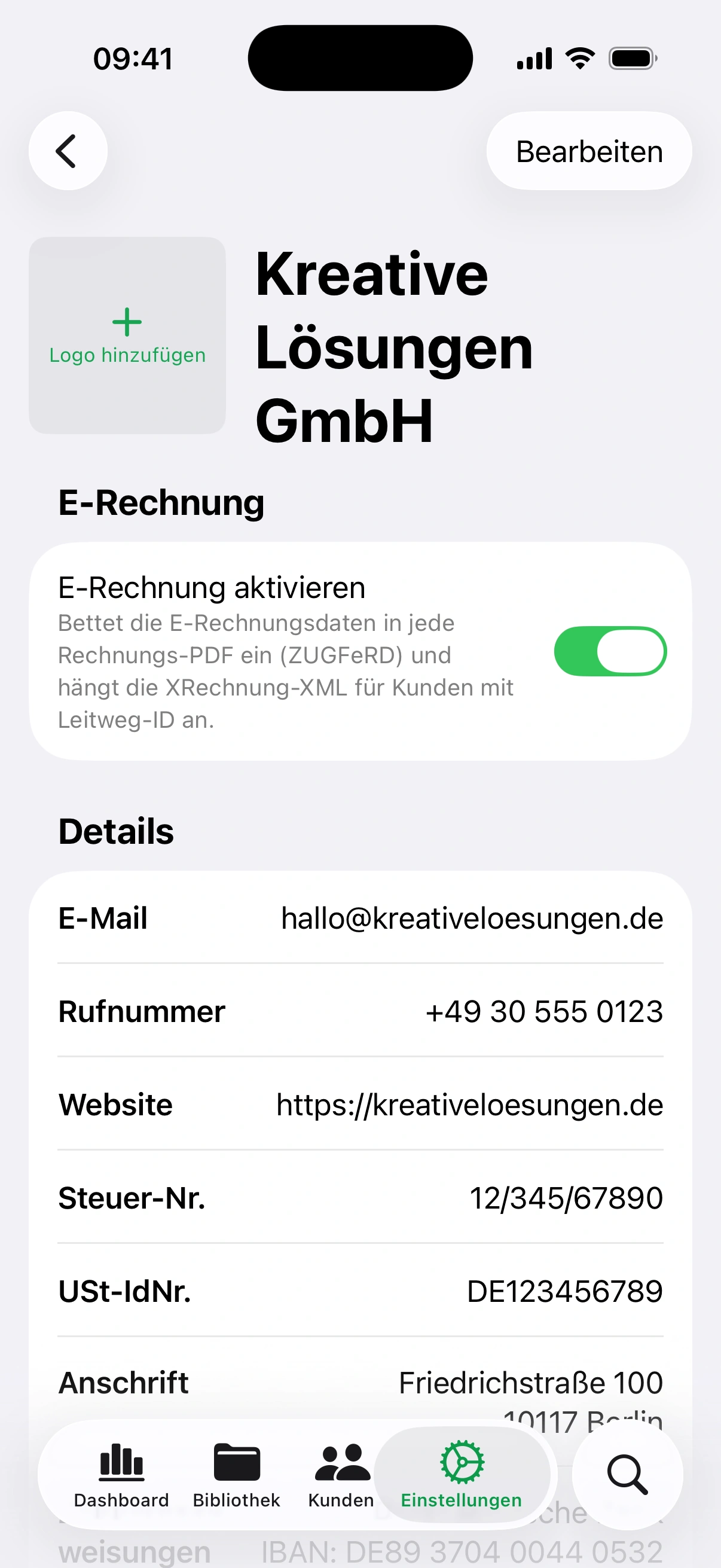 Firmeneinstellungen in Invoice.app: der Abschnitt „E-Rechnung“ mit dem Schalter „E-Rechnung aktivieren“