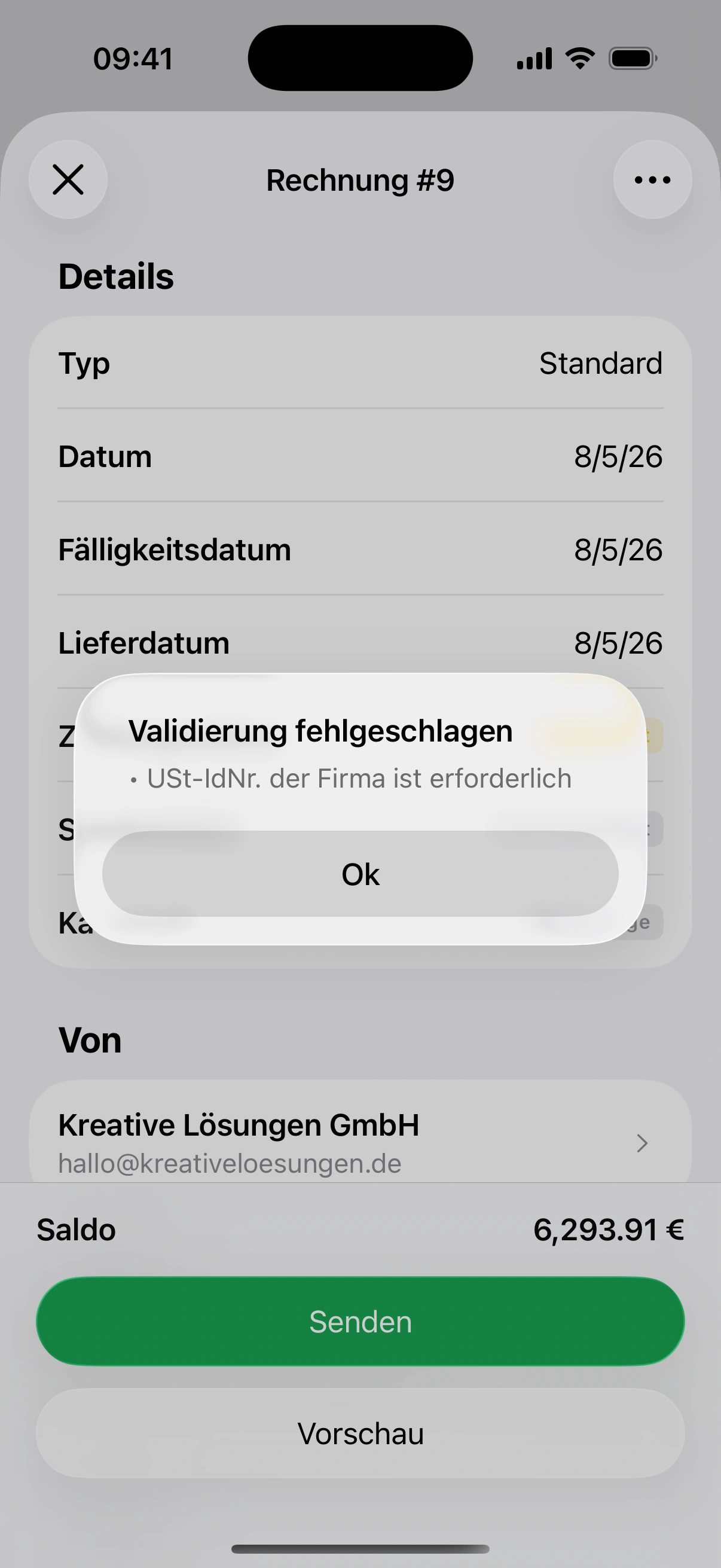 Meldung „Validierung fehlgeschlagen“ in Invoice.app — die App prüft die E-Rechnung vor dem Versand