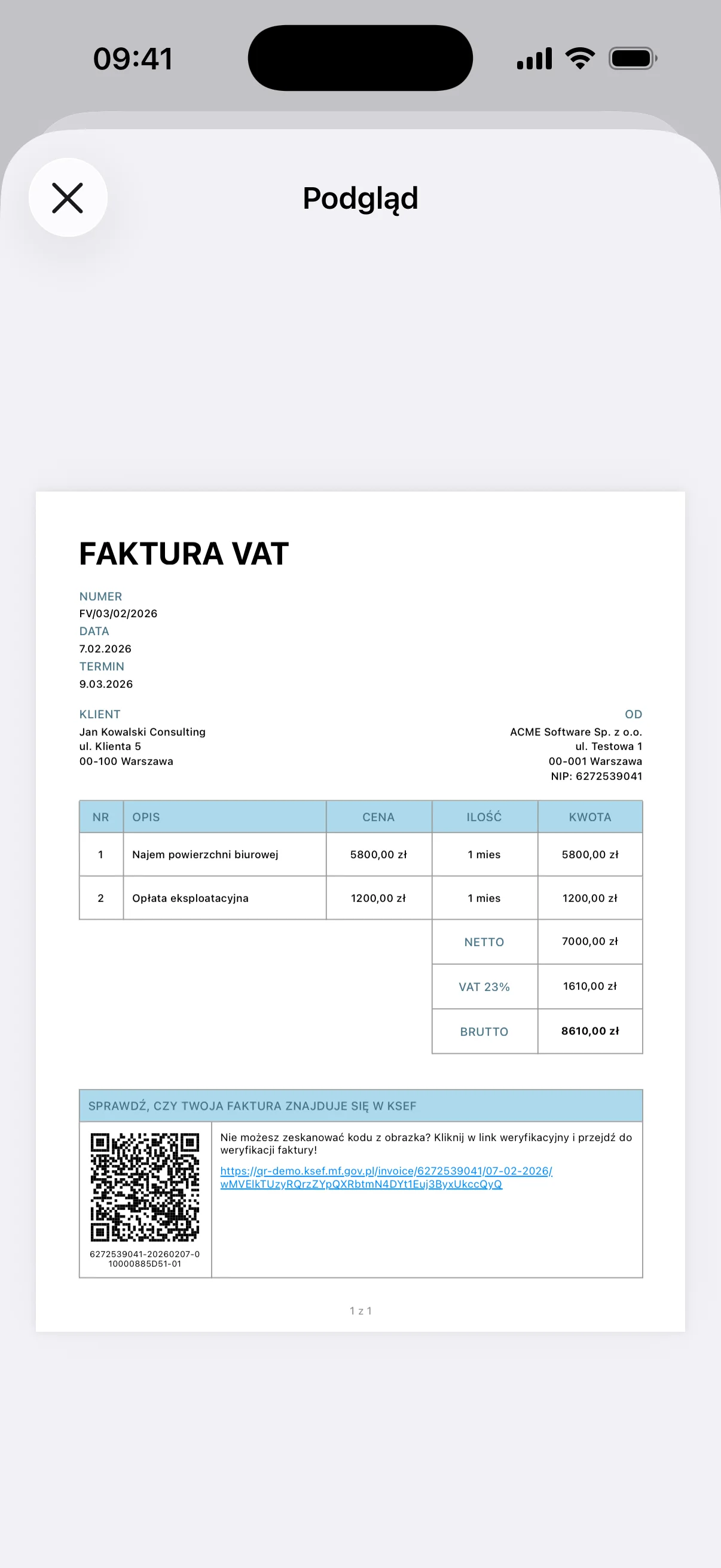 Kod QR na fakturze KSeF wygenerowany przez Invoice.app