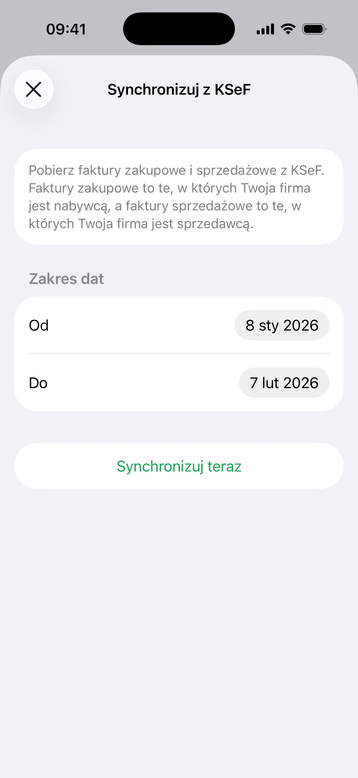 Ekran synchronizacji faktur z KSeF w Invoice.app